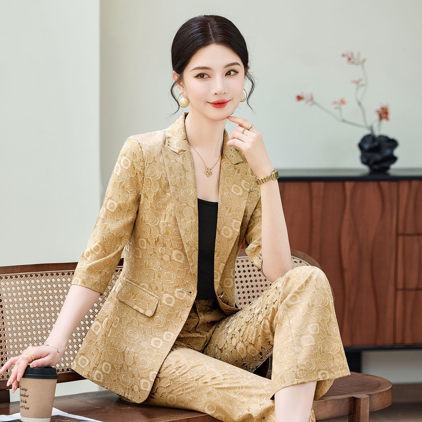 Women'S Formal Wear Pants - Fashion Apricot Half Sleeve Professional Suit