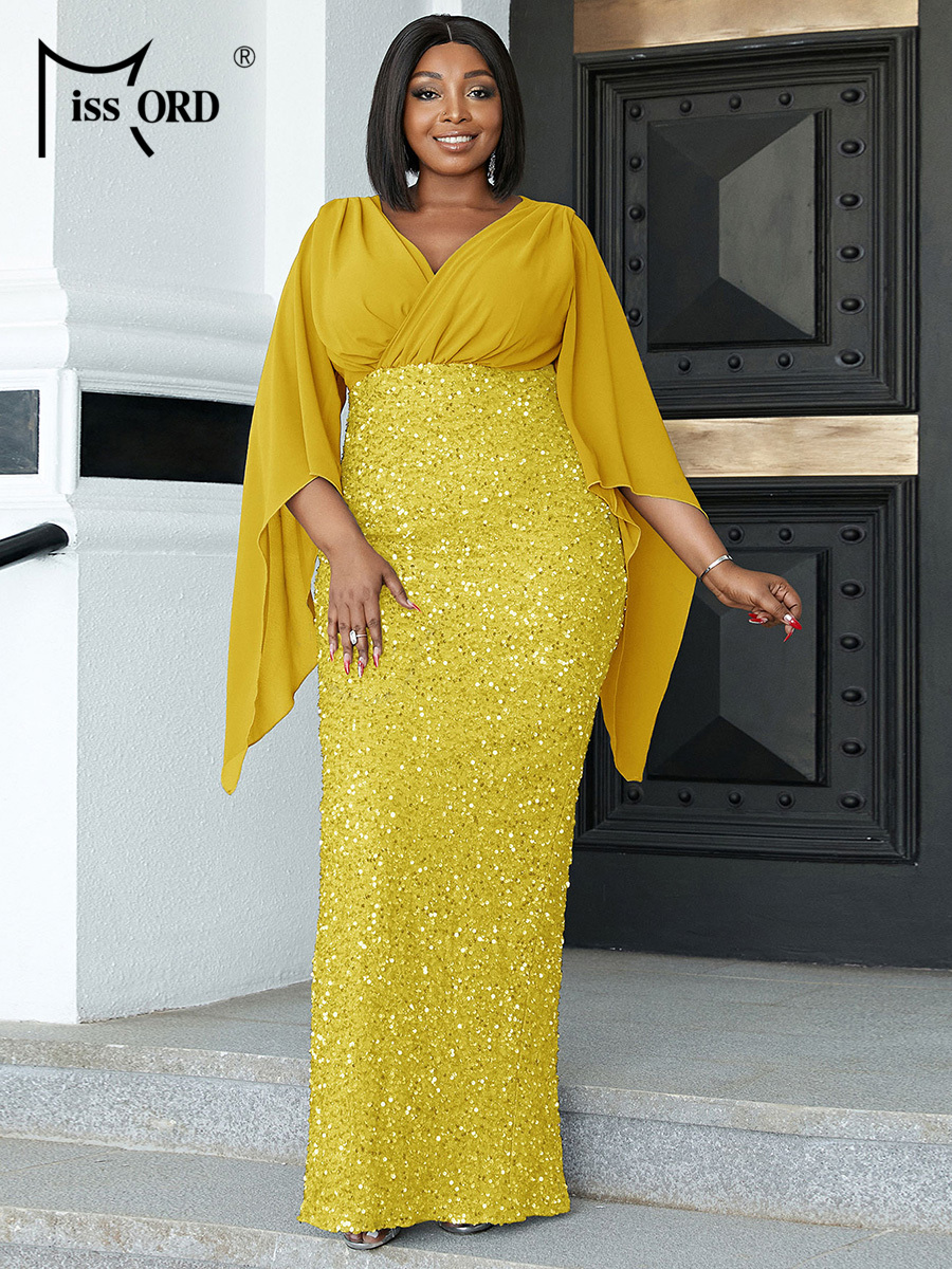 Female Formal Wear - Missord Yellow Sequin Plus Size Wedding