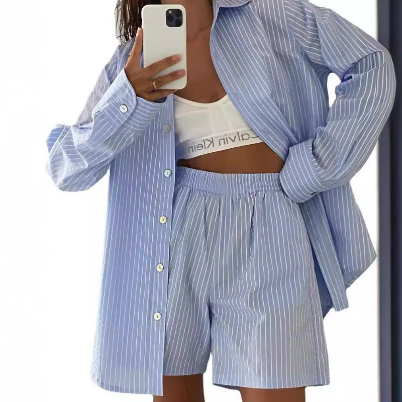Women'S Formal Wear Blouse - Women Striped Print Two Piece Short