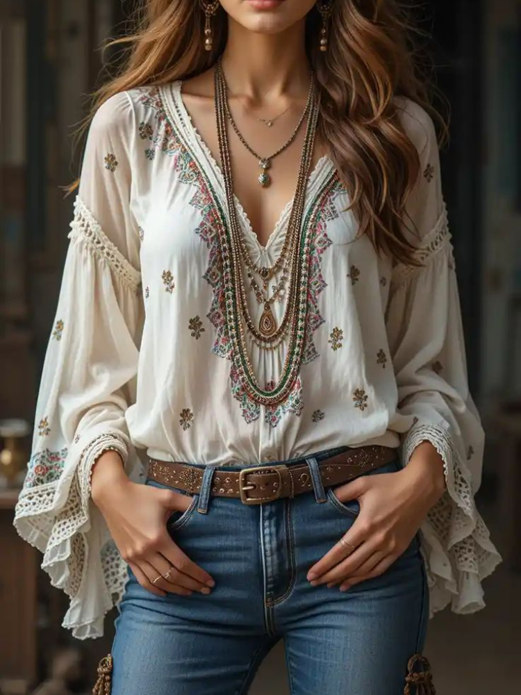 Women V-neck Ethnic Style Long - Women'S Formal Wear Blouse 评论和价格