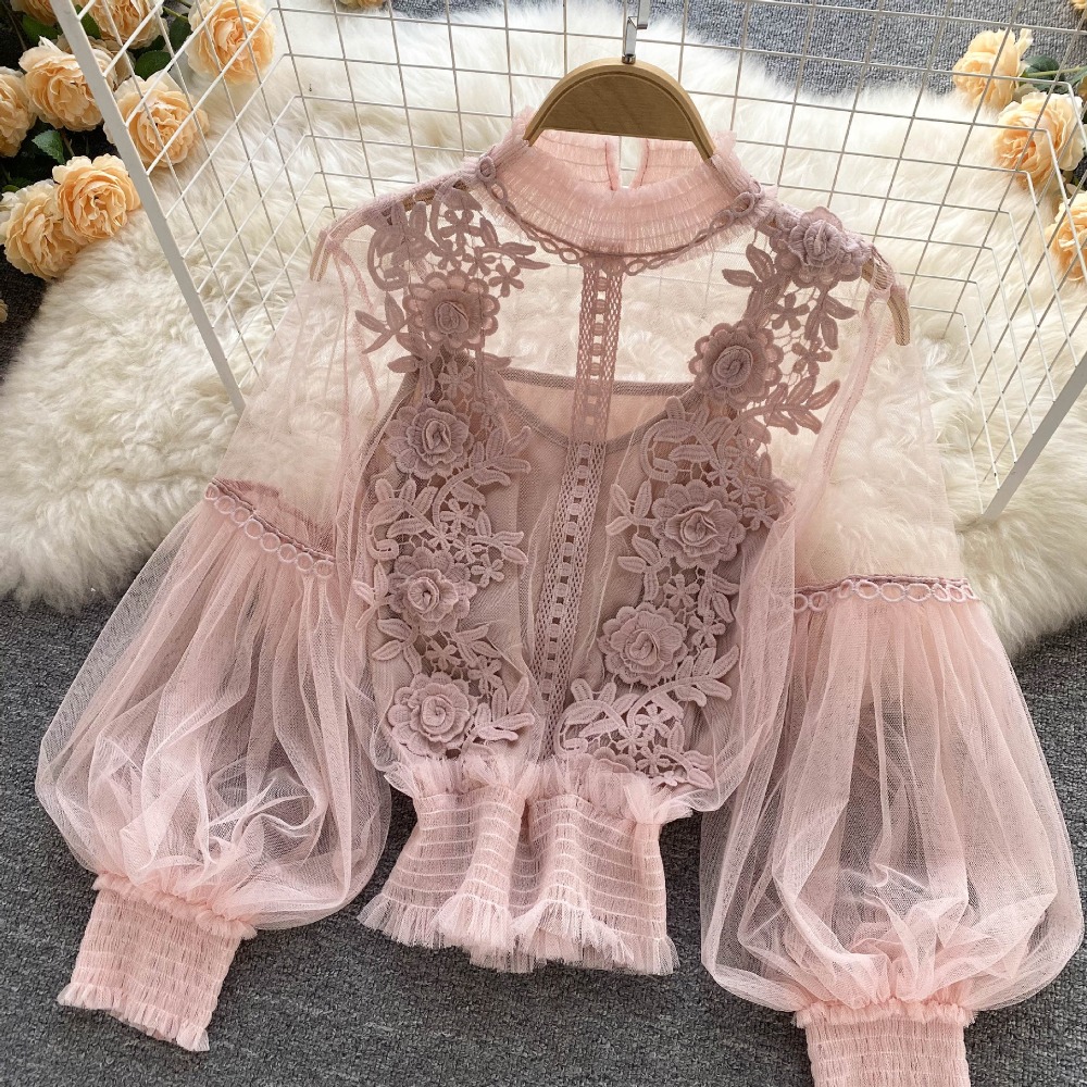 2Pcs/Set Lace Puff Long Sleeve - Women'S Formal Wear Blouse 评论和价格