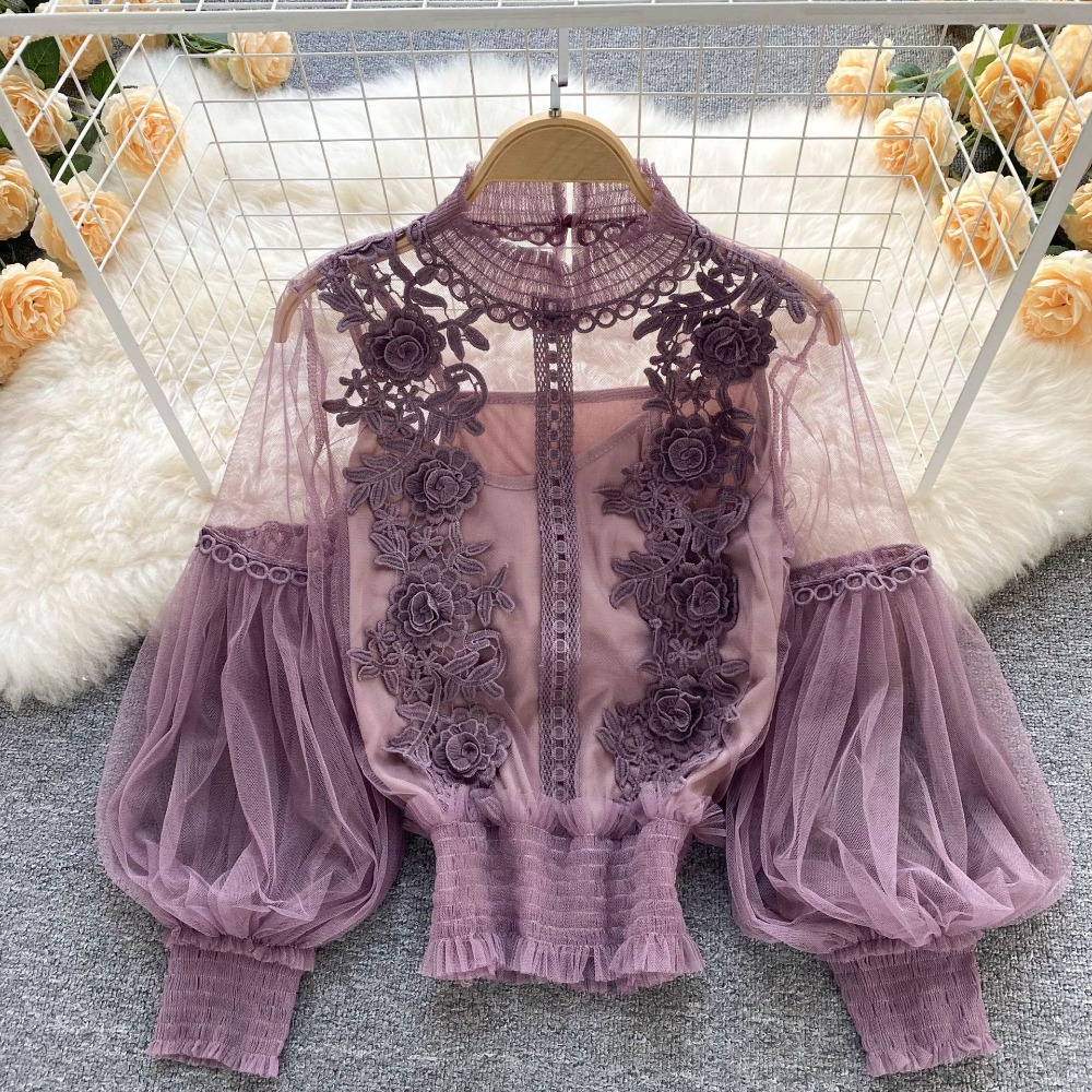 2Pcs/Set Lace Puff Long Sleeve - Women'S Formal Wear Blouse 评论和价格