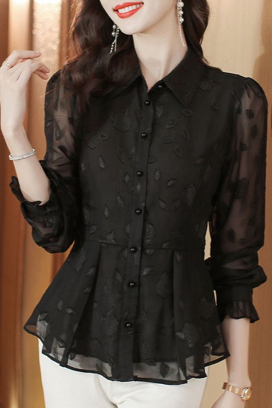 Elegant Floral Long Sleeve Chi - Women'S Formal Wear Blouse 评论和价格