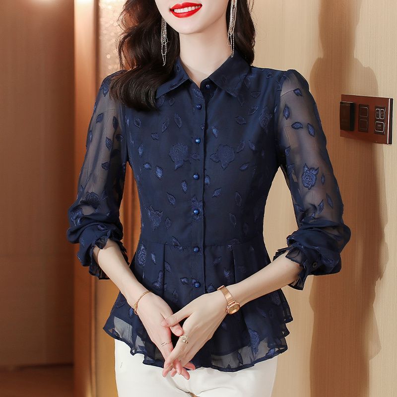 Elegant Floral Long Sleeve Chi - Women'S Formal Wear Blouse 评论和价格