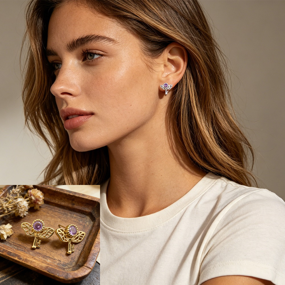 Retro Key Amethyst Stud Earrin - Formal Wear Jewelry For Women 评论和价格